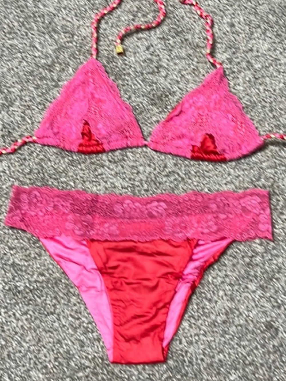 ❤️… Beach Bunny Lady Silk Lace Triangle Bikini Top & Bottom - Pink Red - Picture 2 of 4